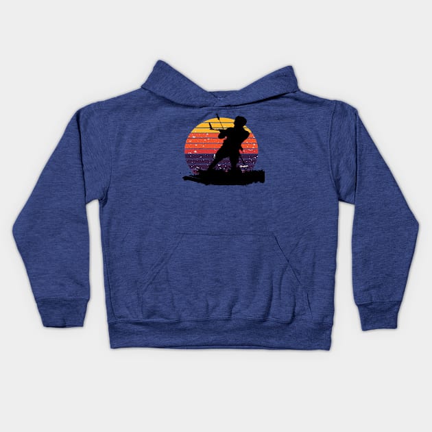 Kitesurfing Enthusiast Riding A Wave Silhouette Retro Sunset Kids Hoodie by taiche